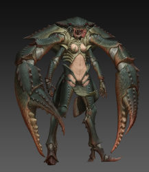 Rule 34 | 1girl, absurdres, arms at sides, arthropod girl, black sclera, breasts, carapace, claws, colored sclera, crab girl, expressionless, extra arms, gradient background, highres, horror (theme), mcrc science, medium breasts, monster girl, open mouth, original, pincers, red eyes, solo, spines, standing, teeth