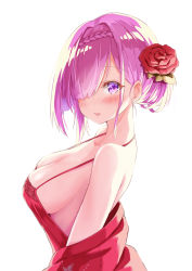 Rule 34 | 1girl, absurdres, azur lane, bare shoulders, bareback, breasts, classic (zildjian33), cleavage, flower, from side, hair flower, hair ornament, hair over one eye, highres, looking at viewer, medium breasts, nightgown, off shoulder, official alternate costume, penelope (azur lane), penelope (ruby-red boudoir) (azur lane), pink hair, purple eyes, red flower, simple background, solo, upper body, white background
