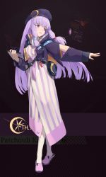 Rule 34 | 1girl, absurdres, adapted costume, character name, crescent moon, detached sleeves, dress, full body, high collar, highres, long hair, moon, pantyhose, patchouli knowledge, purple eyes, purple hair, shuang ye, solo, standing, striped clothes, striped dress, touhou, vertical-striped clothes, vertical-striped dress, very long hair, white pantyhose