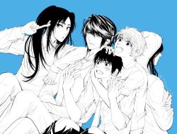 Rule 34 | 5boys, alternate costume, black hair, blush, crossover, facing away, fangs, hand on another&#039;s head, haruka (tactics), hidden eyes, higashiyama kazuko, hood, hoodie, hug, hug from behind, leaning back, leaning forward, leaning on person, long hair, male focus, monochrome, multiple boys, necktie, original, pointing, pointing at self, short hair, sitting, sleeves rolled up, spot color, sugino (tactics), tactics, twintails, vest