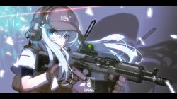Rule 34 | 1girl, abstract background, absurdres, assault rifle, blue eyes, brown vest, closed mouth, commentary request, escape from tarkov, floating hair, freckles, from side, gloves, grey gloves, grey hat, gun, hair between eyes, hat, headphones, highres, holding, holding gun, holding weapon, iwasawayuki, letterboxed, light, long hair, looking at viewer, original, pale skin, rifle, scope, shaded face, short sleeves, sidelocks, silver hair, solo, trigger discipline, vest, visor cap, weapon