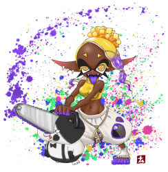 Rule 34 | 1girl, asymmetrical hair, bare shoulders, blonde hair, breasts, chainsaw, colored skin, colored tongue, commentary request, crop top, dark-skinned female, dark skin, earrings, eyelashes, fangs, food-themed hair ornament, forehead, frye (splatoon), full body, gradient hair, hair ornament, harem pants, holding, inkling, jewelry, judd (splatoon), looking at viewer, medium breasts, medium hair, midriff, multicolored hair, multicolored skin, multiple earrings, namuro, navel, nintendo, open mouth, paint splatter, pants, pointy ears, purple hair, purple skin, purple tongue, shirt, simple background, sleeveless, sleeveless shirt, sleeveless turtleneck, smile, socks, solo, splatoon (series), splatoon 3, splatter background, standing, star-shaped pupils, star (symbol), stomach, symbol-shaped pupils, tentacle hair, toeless legwear, toes, tongue, tongue out, turtleneck, white background, white pants, white socks, yellow eyes, yellow shirt