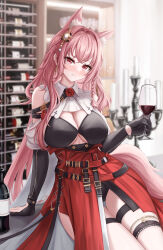 Rule 34 | 1girl, absurdres, animal ears, arknights, arm support, bare shoulders, black gloves, blush, bottle, breasts, cleavage, commentary, cowboy shot, cup, drinking glass, extra ears, gloves, gongbangmanchi (daisy cutter), hair intakes, highres, holding, holding cup, indoors, large breasts, long hair, looking at viewer, pink eyes, pink hair, pozyomka (arknights), red skirt, sitting, skirt, solo, tail, thigh strap, thighs, very long hair, wine glass, wolf ears, wolf girl, wolf tail