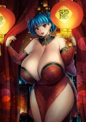 Rule 34 | 1girl, absurdres, blue hair, blunt bangs, breasts, chinese clothes, chinese lantern, chinese new year, cityscape, cleavage, collarbone, cowboy shot, curvy, detached sleeves, dress, earrings, erkaz, highres, hoop earrings, huge breasts, jewelry, lantern, looking at viewer, open mouth, original, red dress, red eyes, rina atherina, shiny skin, short hair, side slit, solo, thick thighs, thighs, twintails, veins, veiny breasts, wide hips