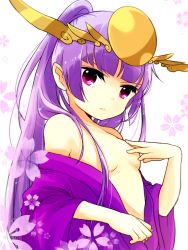 Rule 34 | 1girl, bare shoulders, covered erect nipples, covering nipples, covering privates, hair censor, japanese clothes, kimono, off shoulder, pikomarie, purple eyes, purple hair, puzzle &amp; dragons, simple background, solo, yomi (p&amp;d)
