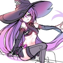 Rule 34 | 1girl, :q, aisha landar, black hat, black sleeves, blush, breasts, closed mouth, detached sleeves, elsword, grey thighhighs, hair between eyes, hat, highres, long hair, long sleeves, looking at viewer, navel, outstretched arm, oz sorcerer (elsword), purple eyes, purple hair, revealing clothes, simple background, sketch, small breasts, smile, solo, thighhighs, tongue, tongue out, very long hair, white background, wide sleeves, witch hat, xes (xes 5377)