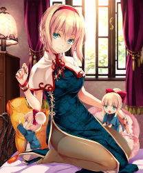 Rule 34 | 1girl, :d, alice margatroid, alternate costume, alternate hairstyle, blonde hair, blue eyes, braid, bun cover, capelet, china dress, chinese clothes, closed mouth, curtains, dress, full body, hair between eyes, hairband, highres, indoors, lamp, looking at viewer, monety, nail polish, no shoes, on bed, open mouth, pantyhose, pelvic curtain, pillow, seiza, shanghai doll, sitting, smile, solo, tassel, touhou, window, wrist cuffs