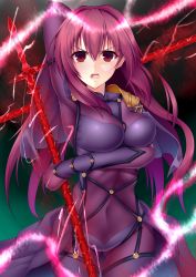 Rule 34 | 1girl, armor, bodysuit, breasts, covered navel, fate/grand order, fate (series), gae bolg (fate), highres, hinata kokage, large breasts, lightning, long hair, looking at viewer, pauldrons, polearm, purple bodysuit, purple hair, red eyes, scathach (fate), scathach (fate), shoulder armor, solo, spear, weapon