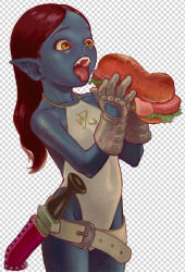 Rule 34 | 1girl, belt, blue skin, child, colored skin, eating, food, gauntlets, green eyes, knife, leotard, mystique, open mouth, pointy ears, red hair, sandwich, simple background, solo