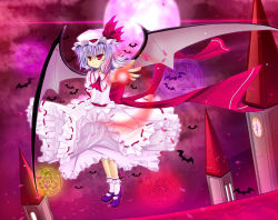 Rule 34 | 1girl, bat (animal), bat wings, cloud, cloudy.r, female focus, floating, glowing, hat, magic circle, mary janes, moon, night, night sky, outstretched arm, outstretched hand, petals, reaching, red eyes, remilia scarlet, rooftop, shoes, short hair, sky, solo, touhou, upskirt, wind, wings, zzz36951