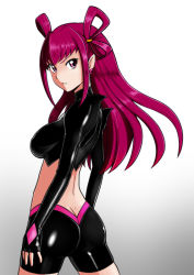 Rule 34 | 00s, 1girl, ass, back, bakusai, bike shorts, black shorts, breasts, butt crack, closed mouth, crop top, dark cure (yes! precure 5), dark dream, diamond (shape), earrings, eyelashes, fingerless gloves, frown, gloves, gradient background, hair ornament, hair rings, jewelry, large breasts, long hair, long sleeves, looking back, magical girl, midriff, pink eyes, pink hair, precure, purple eyes, shade, shorts, sidelocks, solo, turtleneck, yes! precure 5