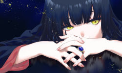 Rule 34 | 1girl, blue hair, blue theme, blunt bangs, chito04, covered mouth, dark blue hair, eyelashes, facing viewer, gem, head rest, highres, interlocked fingers, japanese clothes, jewelry, kimono, lapis lazuli (gemstone), light particles, long hair, long sleeves, looking away, nail polish, original, own hands together, red nails, ring, sayagata, sideways glance, solo, straight hair, yellow eyes