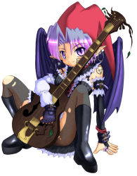 Rule 34 | 1girl, boots, character request, demon girl, demon wings, earrings, female focus, full body, gothic lolita, guitar, hat, instrument, jewelry, kazuboh, lolita fashion, pantyhose, pointy ears, purple eyes, purple hair, short hair, simple background, sitting, solo, source request, spread legs, torn clothes, torn pantyhose, white background, wings