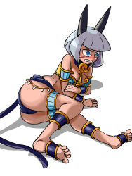 Rule 34 | 1girl, alternate costume, animal ears, anklet, armlet, ass, bell, black panties, blue eyes, blunt bangs, blush, bob cut, breasts, cat ears, cat tail, cleavage, collar, crossed legs, crying, crying with eyes open, dark-skinned female, dark skin, egyptian, embarrassed, full-face blush, jewelry, kneeling, large breasts, leash, lots of jewelry, lying, makeup, ms. fortune (skullgirls), neck bell, on side, panties, scar, short hair, sitting, skullgirls, slave, solo, spoilers, tail, tears, thigh strap, toes, underwear, white hair, wristband, zassou maruko