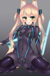 Rule 34 | 1girl, animal ear fluff, animal ears, blush, bodysuit, fang, fox ears, fox tail, gradient background, green eyes, highres, kutan, long hair, looking at viewer, open mouth, original, skin tight, solo, spread legs, squatting, tail, thighhighs, twintails