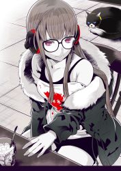 Rule 34 | 10s, 1girl, absurdres, animal, bare shoulders, behind-the-head headphones, blue eyes, blunt bangs, cat, chair, closed mouth, coat, collarbone, cup, drink, drinking glass, fingernails, frown, fur-trimmed coat, fur collar, fur trim, glasses, greyscale, headphones, highres, ice, ice cube, kuso bba, long sleeves, monochrome, morgana (persona 5), off-shoulder shirt, off shoulder, open clothes, open coat, persona, persona 5, purple eyes, sakura futaba, shirt, short shorts, shorts, sidelocks, sitting, spoon, spot color, table, tank top, tsurime, v-shaped eyebrows