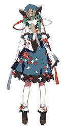 Rule 34 | 1girl, adapted costume, ankle socks, bare shoulders, blue dress, blue skirt, choker, covering own mouth, detached sleeves, dress, flower, full body, green eyes, green hair, hair flower, hair ornament, hat, holding, looking at viewer, matching hair/eyes, rod of remorse, shiki eiki, shoes, short hair, simple background, skirt, socks, solo, standing, starshadowmagician, touhou, white background, wide sleeves
