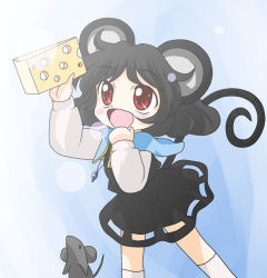 Rule 34 | 1girl, :d, animal ears, black hair, blush stickers, cheese, chibi, female focus, food, happy, jewelry, lens flare, mouse (animal), mouse ears, mouse tail, nazrin, necklace, open mouth, red eyes, smile, solo, standing, tail, touhou, yume shokunin