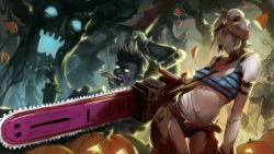 Rule 34 | 1girl, chainsaw, dr. mundo, glowing, glowing eyes, hair over one eye, halloween, highres, hockey mask, iorlvm, jack-o&#039;-lantern, league of legends, mask, midriff, navel, open mouth, pumpkin, riven (league of legends), solo focus, stitches, tongue, tongue out