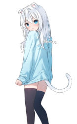 Rule 34 | 1girl, :t, animal ear fluff, animal ears, anz32, black thighhighs, blue eyes, blue shirt, blush, cat ears, cat girl, cat tail, closed mouth, ears down, from behind, hair between eyes, long hair, long sleeves, looking at viewer, looking back, original, outline, pout, shirt, shirt tug, simple background, sleeves past wrists, solo, tail, thighhighs, twitter username, white background, white hair, white outline