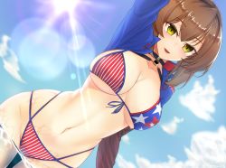 Rule 34 | 1girl, absurdres, alternate costume, american flag, american flag bikini, american flag print, arm up, bikini, blue sky, blush, breasts, brown hair, choker, cleavage, collar, collarbone, cosplay, day, fate/grand order, fate (series), flag print, from below, graphite (medium), green eyes, highres, kantai collection, large breasts, looking at viewer, mechanical pencil, miyamoto musashi (fate), miyamoto musashi (fate/grand order), miyamoto musashi (swimsuit berserker) (fate), miyamoto musashi (swimsuit berserker) (fate) (cosplay), miyamoto musashi (swimsuit berserker) (second ascension) (fate), mutsu (kancolle), navel, outdoors, parted lips, partially submerged, pencil, print bikini, short hair, shrug (clothing), skindentation, sky, solo, swimsuit, traditional media, utsumi karmin, wading