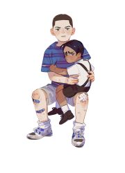 Rule 34 | 2boys, aged down, ankle socks, bandaid, bandaid on knee, bandaid on leg, black eyes, black hair, blue shirt, bright pupils, brown footwear, brown hair, brown shorts, bruise, chengongzi123, child, closed mouth, dark-skinned male, dark skin, gauze on knee, golden kamuy, green eyes, grey shorts, hands up, highres, injury, invisible chair, koito otonoshin, looking at viewer, looking back, male focus, multiple boys, shirt, shoes, short hair, short sleeves, shorts, simple background, sitting, sitting on lap, sitting on person, sneakers, socks, striped clothes, striped shirt, suspender shorts, suspenders, t-shirt, tsukishima hajime, very short hair, white background, white footwear, white socks