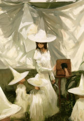Rule 34 | 1girl, 4others, 7ife, absurdres, black hair, child, closed mouth, commentary, curtains, dress, english commentary, closed eyes, grass, hat, highres, holding, holding knife, juliet sleeves, knife, leaf, long hair, long sleeves, magician, multiple others, original, outdoors, puffy sleeves, white dress, white headwear, witch hat