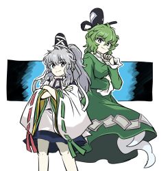 Rule 34 | 2girls, black headwear, blue headwear, bright pupils, closed mouth, commentary request, cross-laced clothes, crossed arms, dress, ghost tail, green dress, green eyes, green hair, grey eyes, grey hair, hair between eyes, hat, highres, japanese clothes, kariginu, long hair, long sleeves, looking at viewer, mc pyth, mononobe no futo, multiple girls, ofuda, ofuda on clothes, pom pom (clothes), ponytail, ribbon-trimmed sleeves, ribbon trim, short hair, smile, soga no tojiko, tate eboshi, touhou, turtleneck, white pupils, wide sleeves