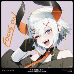 Rule 34 | 1girl, ;d, album cover, album name, artist name, bare shoulders, black border, black coat, black gloves, blue eyes, border, character name, chyko7080, claw pose, coat, collared shirt, commentary request, copyright name, copyright notice, cover, demon horns, dot nose, double-parted bangs, eyelashes, facial recognition, flipped hair, gloves, hair between eyes, hair ornament, hairpin, hand up, head tilt, highres, horns, levi elipha, looking at viewer, multiple hairpins, necktie, nijisanji, off-shoulder coat, off shoulder, official art, one eye closed, open mouth, orange necktie, portrait, purple background, sharp teeth, shirt, short hair, sidelocks, sleeveless, sleeveless shirt, smile, solo, song name, teeth, virtual youtuber, white hair, white shirt, x hair ornament