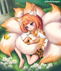 Rule 34 | 1girl, absurdres, animal ears, barefoot, blue eyes, bug, butterfly, collar, eight-tailed fox nari, flower, fox ears, fox girl, fox tail, grass, guardian tales, highres, hooksampao, huge filesize, bug, multiple tails, open mouth, orange hair, solo, tail, white flower, yellow butterfly