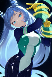 1girl absurdres blue_bodysuit blue_eyes blue_hair bodysuit boku_no_hero_academia breasts closed_mouth commentary_request covered_navel double_v drill_hair energy gloves hado_nejire hair_horns hands_up highres large_breasts lisu long_hair looking_at_viewer multicolored_bodysuit multicolored_clothes shiny_clothes skin_tight smile solo superhero_costume twin_drills v yellow_gloves