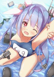 Rule 34 | 10s, 1girl, arms behind head, arms up, bad id, bad pixiv id, blue hair, blush, breasts, cannon, from above, hair ribbon, i-19 (kancolle), kantai collection, kneeling, long hair, looking up, medium breasts, name tag, one-piece swimsuit, one eye closed, open mouth, red eyes, ribbon, school swimsuit, sideboob, solo, star-shaped pupils, star (symbol), suzuame yatsumi, swimsuit, symbol-shaped pupils, tongue, torn clothes, torn swimsuit, torpedo, twintails