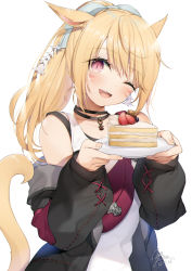 Rule 34 | 1girl, ;d, animal ears, warrior of light (ff14), bag, blonde hair, blush, cake, cat ears, cat girl, cat tail, commentary, commentary request, facial mark, fictional persona, final fantasy, final fantasy xiv, food, fruit, hair ornament, hair ribbon, highres, holding, holding food, jacket, jewelry, looking at viewer, miqo&#039;te, necklace, off shoulder, one eye closed, open mouth, pink eyes, plate, ponytail, ribbon, shoulder bag, simple background, smile, solo, strawberry, tail, upper body, white background, yana mori
