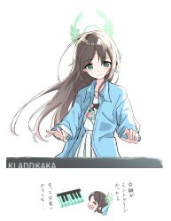 Rule 34 | 1girl, 2o1 (nogarudo203), airi (blue archive), alternate costume, blue archive, brown hair, closed mouth, green eyes, halo, highres, instrument, jacket, keyboard (instrument), long hair, looking at object, music, open clothes, open jacket, playing instrument, simple background, skirt, solo, white background