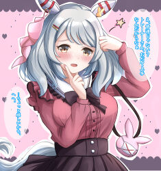 Rule 34 | :p, alternate costume, animal ears, blush, breasts, brown eyes, casual, commentary request, embarrassed, grey hair, hair ornament, hishi miracle (umamusume), horse ears, horse girl, horse tail, liukensama, medium breasts, open mouth, simple background, tail, tongue, tongue out, translation request, umamusume