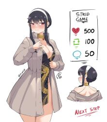 Rule 34 | 1girl, black dress, black hair, blush, breasts, brown coat, china dress, chinese clothes, cleavage, closed mouth, coat, constricted pupils, dragon print, dress, gold collar, hairband, highres, jk arts, large breasts, meme, multiple views, open clothes, open coat, pink eyes, sidelocks, spy x family, twitter strip game (meme), twitter username, watermark, white hairband, yor briar