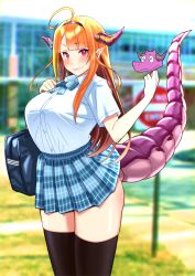 Rule 34 | 1girl, ahoge, blonde hair, breasts, censored, censored gesture, dragon girl, dragon horns, dragon tail, highres, hololive, horns, kiryu coco, large breasts, long hair, middle finger, multicolored eyes, multicolored hair, novelty censor, orange hair, pointy ears, purple eyes, red eyes, school uniform, skirt, solo, streaked hair, tail, thighhighs, virtual youtuber, zabudog777