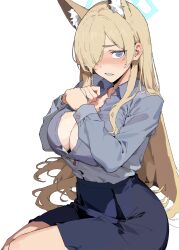 Rule 34 | 1girl, animal ear fluff, animal ears, blonde hair, blue archive, blue eyes, blue halo, blue skirt, blush, breasts, button gap, cleavage, collared shirt, cowboy shot, dog ears, dress shirt, embarrassed, furrowed brow, grey shirt, hair over one eye, halo, hands on own chest, highres, kanna (blue archive), korean commentary, large breasts, long hair, long sleeves, looking at viewer, miniskirt, nagseoyong, no bra, partially unbuttoned, pencil skirt, sharp teeth, shirt, shirt tucked in, sidelocks, simple background, skirt, solo, standing, teeth, white background, wing collar