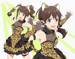 Rule 34 | :d, absurdres, animal ears, animal print, breasts, brown hair, claw pose, cleavage, commentary request, cowboy shot, fake animal ears, fingerless gloves, frilled skirt, frills, gloves, highres, idolmaster, idolmaster million live!, idolmaster million live! theater days, kisaniyav, layered skirt, leopard ears, leopard print, medium breasts, o-ring, o-ring thigh strap, open mouth, ponytail, print gloves, satake minako, see-through, see-through cleavage, skirt, skirt set, smile, thigh strap, v-shaped eyebrows, yokoyama nao
