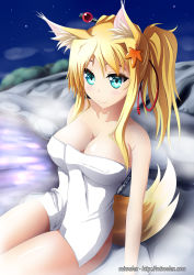 Rule 34 | 10s, 1girl, animal ears, blonde hair, blue eyes, blush, breasts, cleavage, collarbone, dated, dog days, female focus, fox ears, fox tail, hair ornament, highres, large breasts, long hair, looking at viewer, mimelex, onsen, ponytail, signature, sitting, sky, smile, solo, star (sky), star (symbol), tail, yukikaze panettone