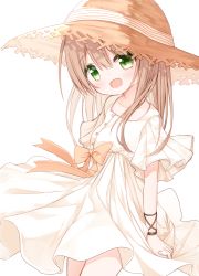 Rule 34 | 1girl, :d, bow, breasts, brown bow, brown hair, brown hat, dress, green eyes, hair between eyes, hat, head tilt, long hair, looking at viewer, open mouth, original, short sleeves, simple background, small breasts, smile, solo, straw hat, waka (yuuhagi (amaretto-no-natsu)), white background, white dress, wide sleeves, yuuhagi (amaretto-no-natsu)