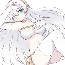 Rule 34 | 1girl, anastasia (fate), bare shoulders, bikini, blue eyes, blush, breasts, chan co, cleavage, elbow gloves, fate/grand order, fate (series), gloves, hair over one eye, hairband, large breasts, long hair, looking at viewer, silver hair, simple background, solo, swimsuit, thighhighs, white background, white bikini, white gloves