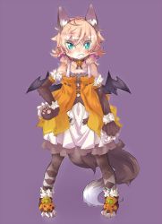 Rule 34 | 1girl, animal ears, animal hands, aqua eyes, belt, belt buckle, blonde hair, blush, boots, bow, buckle, choker, elbow gloves, gloves, hair bow, hair ornament, jewelry, necklace, original, paw gloves, purple background, sharp teeth, short hair, simple background, solo, tail, teeth, thighhighs, tomcat (moconeko), twintails, wings, wolf ears, wolf tail