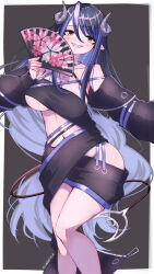 Rule 34 | 1girl, bandeau, belt, black bandeau, black belt, black hair, black jacket, black skirt, blue belt, blue hair, blush, breasts, brown eyes, carmi11la, chest belt, cleavage, commentary request, curled horns, demon girl, demon horns, demon tail, feet out of frame, folding fan, grey background, grey horns, grin, hair between eyes, hand fan, hebiyoi tier, hebiyoi tier (1st costume), highres, hip vent, holding, holding fan, horns, jacket, large breasts, long hair, long sleeves, looking at viewer, multicolored hair, nanashi inc., navel, off shoulder, open clothes, open jacket, pointy ears, sidelocks, skirt, smile, solo, standing, tail, two-tone hair, very long hair, virtual youtuber, white background