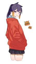Rule 34 | 1girl, black skirt, blue eyes, blunt bangs, burger, center-flap bangs, commentary, cosplay, cropped legs, english commentary, food, girlfriend (yoru mac), girlfriend (yoru mac) (cosplay), gradient hair, hands in pockets, highres, hololive, hololive english, jacket, ku roiko, light blush, looking at viewer, looking to the side, multicolored hair, ninomae ina&#039;nis, open mouth, orange hair, orange jacket, pleated skirt, pointy ears, ponytail, purple hair, sidelocks, simple background, skirt, smile, solo, takodachi (ninomae ina&#039;nis), teeth, tentacle hair, two-tone hair, virtual youtuber, white background