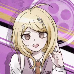 Rule 34 | 1girl, :d, ahoge, akamatsu kaede, blonde hair, brown eyes, chinese commentary, collared shirt, commentary request, danganronpa (series), danganronpa v3: killing harmony, erwuyishi35850, fortissimo, hair ornament, halftone, hand up, index finger raised, long hair, long sleeves, looking at viewer, musical note, musical note hair ornament, necktie, open mouth, orange necktie, pink vest, round teeth, shirt, smile, solo, teeth, upper body, upper teeth only, vest, white shirt