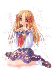 Rule 34 | 00s, 1girl, absurdres, azuma hatsumi, blonde hair, bow, carnelian, cherry blossoms, flower, flower in mouth, full body, hair bow, highres, loafers, long hair, long sleeves, looking at viewer, neckerchief, parted bangs, petals, red bow, red eyes, scan, school uniform, serafuku, shoes, simple background, sitting, sleeves past wrists, solo, wariza, white background, white legwear, yami to boushi to hon no tabibito