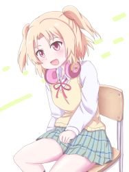 Rule 34 | 1girl, :d, blonde hair, blush, chair, commentary request, fujikawa kayo, hand on lap, head tilt, headphones, headphones around neck, highres, leaning forward, light blush, long sleeves, looking at viewer, neck ribbon, open mouth, pink eyes, plaid, plaid skirt, red ribbon, ribbon, school uniform, shirt, simple background, sitting, skirt, smile, solo, stella no mahou, sweater, sweater vest, touta (naka600), two side up, v-neck, white background, white shirt
