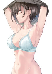 1girl armpits arms_up bra breasts brown-eyes brown_hair cleavage collarbone hair_between_eyes highres lace lace-trimmed_bra lace_trim large_breasts looking_to_the_side navel open_mouth original shigemiya_kyouhei shirt short_hair sideboob simple_background solo underwear undressing white_background white_bra