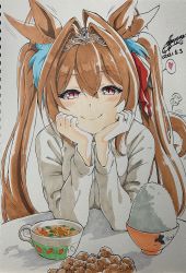 Rule 34 | 1girl, absurdres, animal ears, blush, bow, bowl, breasts, brown hair, chicken (food), closed mouth, cototiworld, daiwa scarlet (umamusume), dated, elbows on table, flapping ears, food, fried chicken, grey sweater, hair bow, hands on own cheeks, hands on own face, heart, highres, horse ears, horse girl, horse tail, jewelry, karaage, long hair, long sleeves, looking at viewer, marker (medium), red bow, red eyes, rice bowl, ring, signature, smile, soup, speech bubble, sweater, table, tail, tiara, traditional media, turtleneck, turtleneck sweater, twintails, umamusume, wedding band